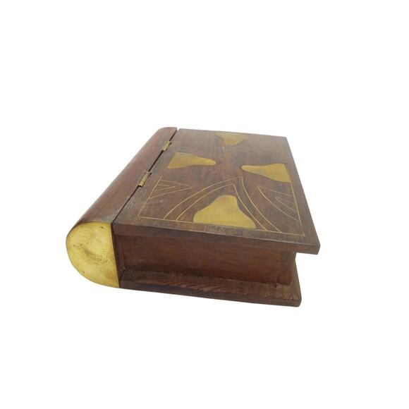 Vintage Secret Book Wood Hidden Treasures Inlaid Brass - Picture 4 of 6